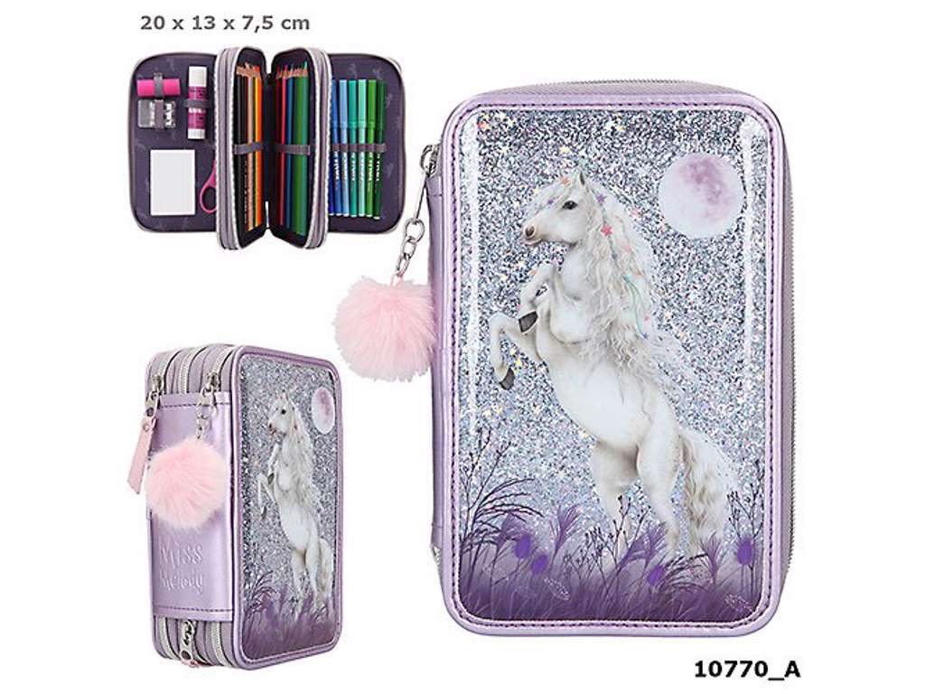 Miss Melody trippel penalhus med glitter - lilla