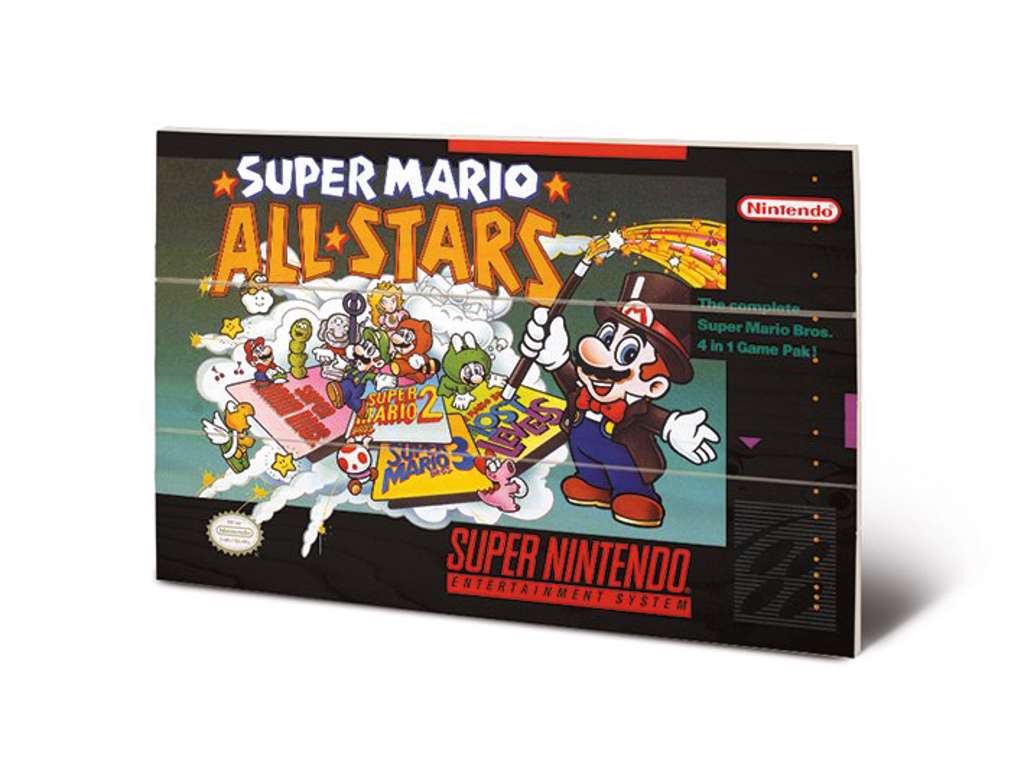 Super Nintendo "Super Mario All Stars" træ plade "plakat" 20x30 cm
