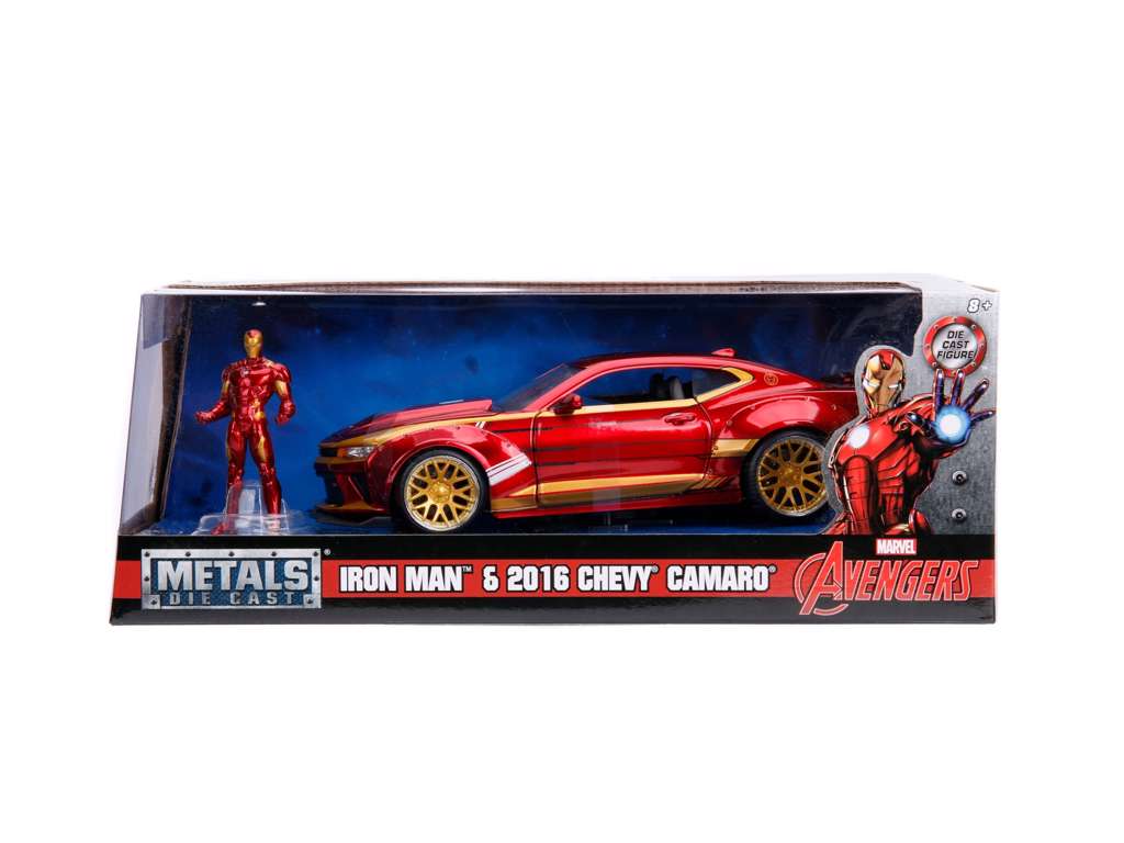 Marvel Iron Man 2016 Chevy Camaro SS bil i scala 1:24 med figur i metal