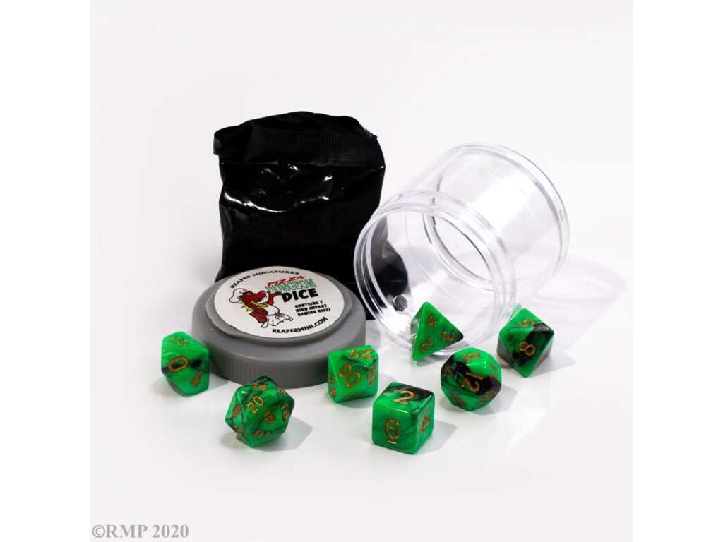 Lucky Dice Green/Black - 7 terninger til rollespil + figur