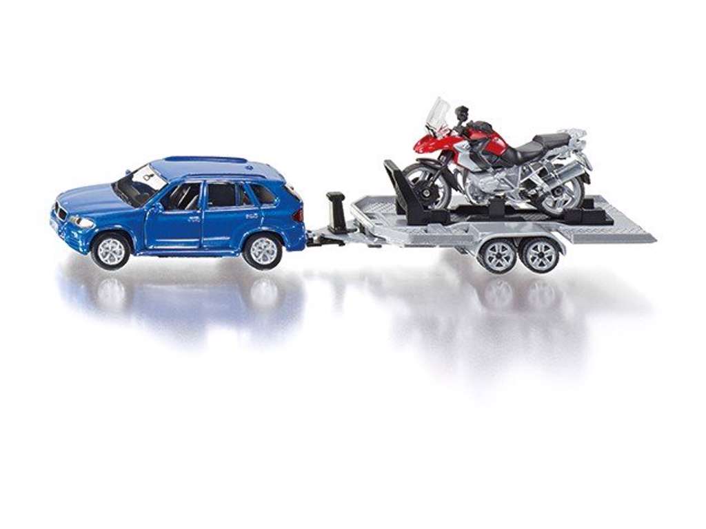 Siku bil med trailer og motorcykel