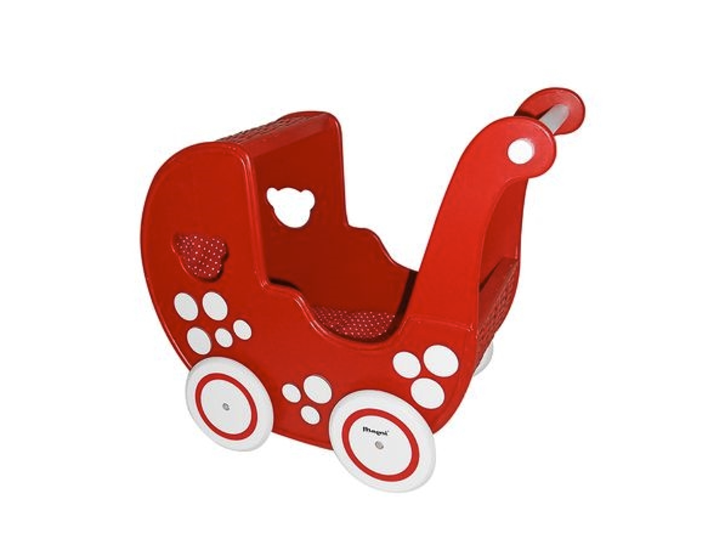 Rød dukkevogn i træ - inkl. sengetøj