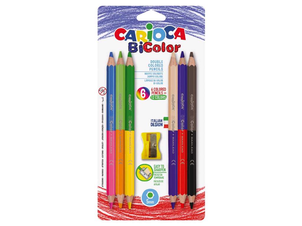 6 dobbelt farveblyanter og blyantspidser fra Carioca