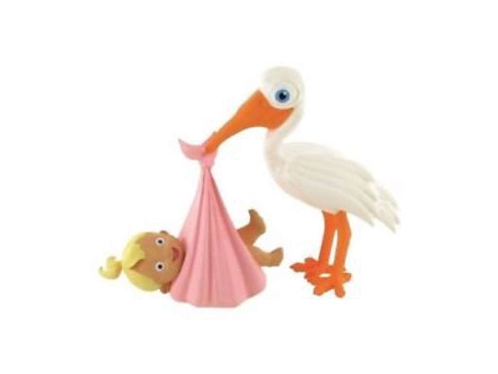 Stork med baby minifigur på 8 cm – lyserød