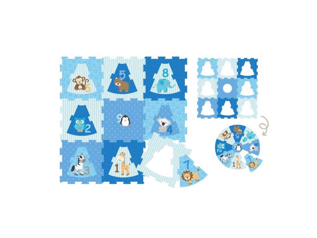 Skummåtte med hjul og dyr i blå på 88 x 88 cm