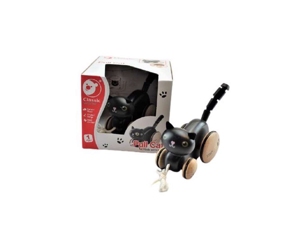 Træk kat med snor i træ på 16 cm fra Classic World