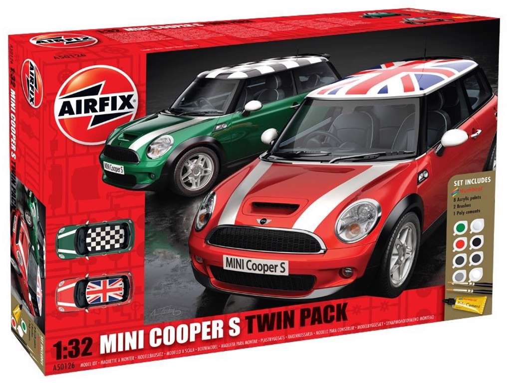 Mini Cooper S Twin Pack 1:32 Airfix gavesæt med maling pensel og lim.