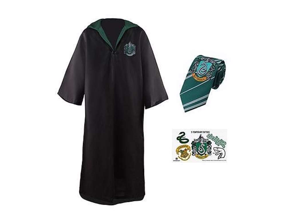 Slytherin kappe + slips + tatoveringer fra Harry Potter str XS
