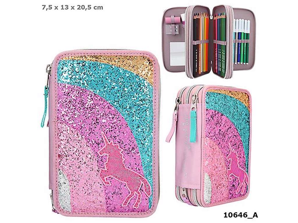 Ylvi trippel penalhus med regnbue og glitter - rosa