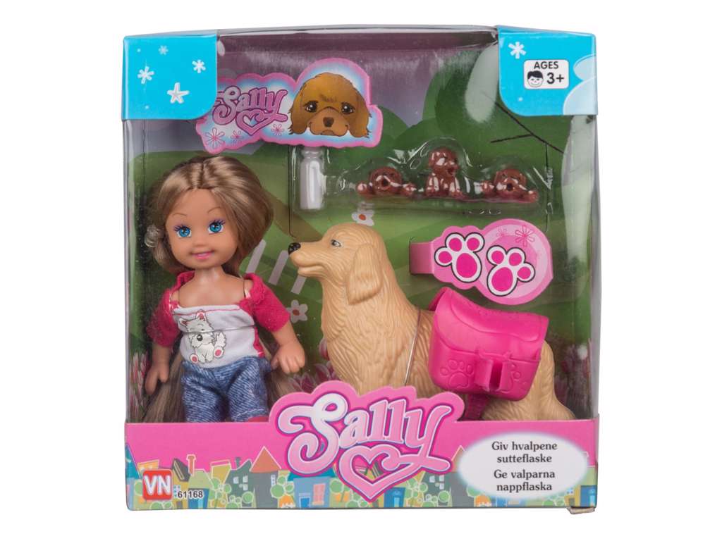 Sally dukke med hund og 3 hundehvalpe - fashiondukke