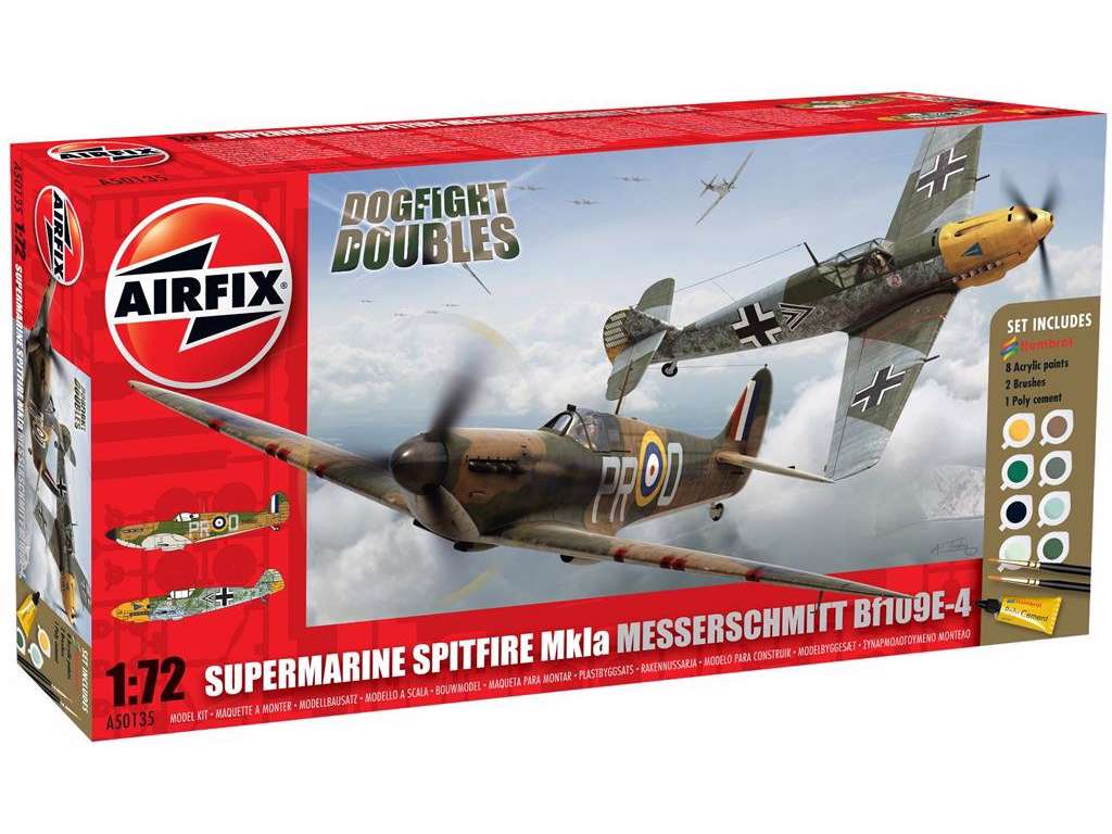 Supermarine Spitfire Mk1a Messerschmitt BF109E-4 1:72 Airfix gavesæt med maling pensel og lim.