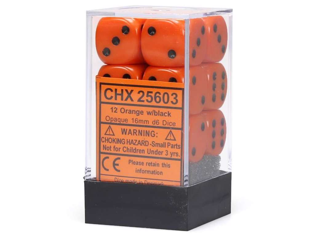 Chessex 12-pak d6-terninger 16 mm Orange/black