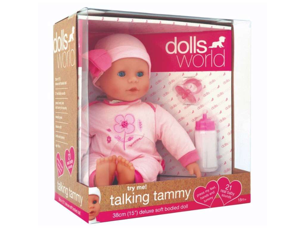 Talende babydukke med 21 lyde sutteflaske, sut og spisesæt på 38 cm fra Dolls World