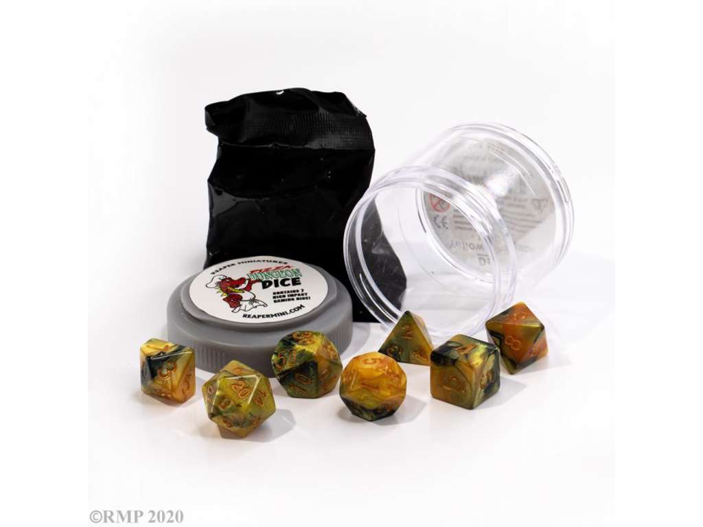 Lucky Dice Yellow/Black - 7 terninger til rollespil + figur