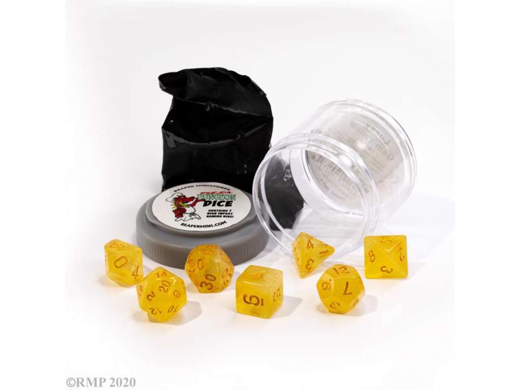 Lucky Dice Gem yellow - 7 terninger til rollespil + figur