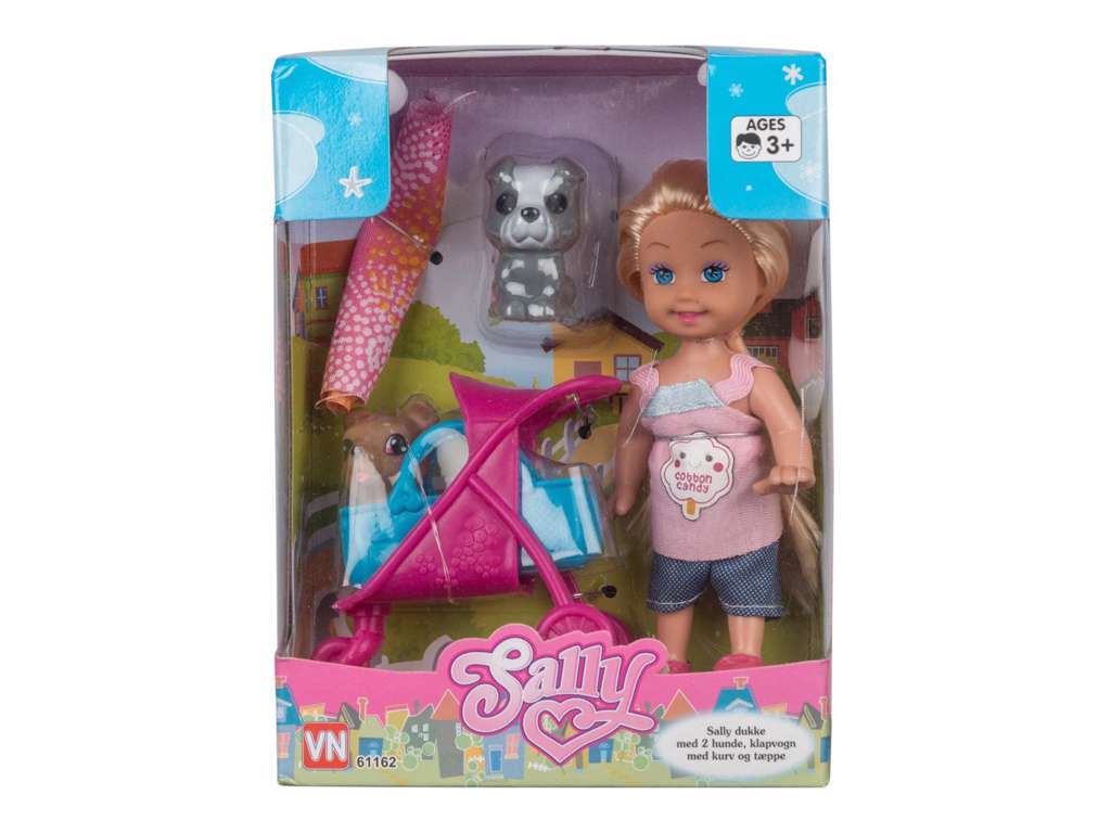 Sally dukke med hundehvalpe og vogn - fashiondukke