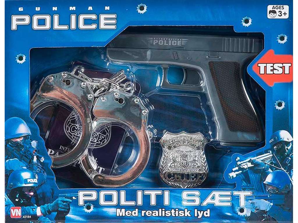 Politisæt med pistol lyd, lys, håndjern, politiskilt og pas fra Gonher