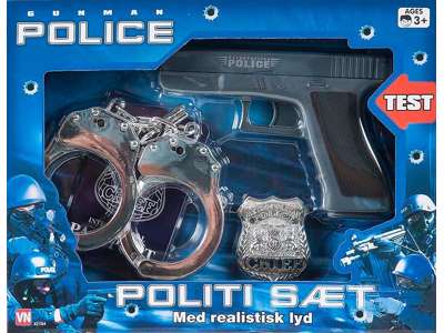 Politisæt med pistol lyd, lys, håndjern, politiskilt og pas fra Gonher