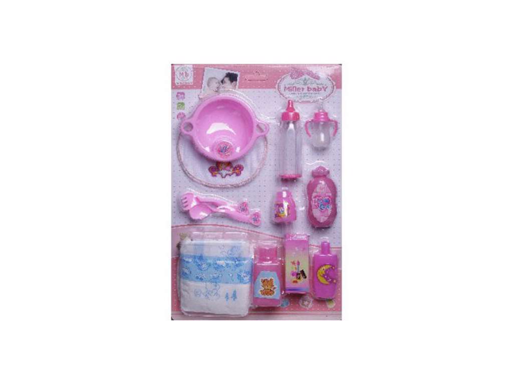 Dukketilbehør med mad + pusle 12 dele - pink