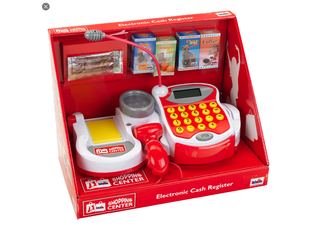 Supermarked med kasseterminal, scanner og penge fra Klein