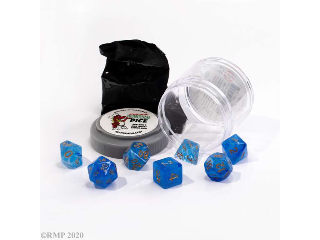 Lucky Dice Gem blue - 7 terninger til rollespil + figur