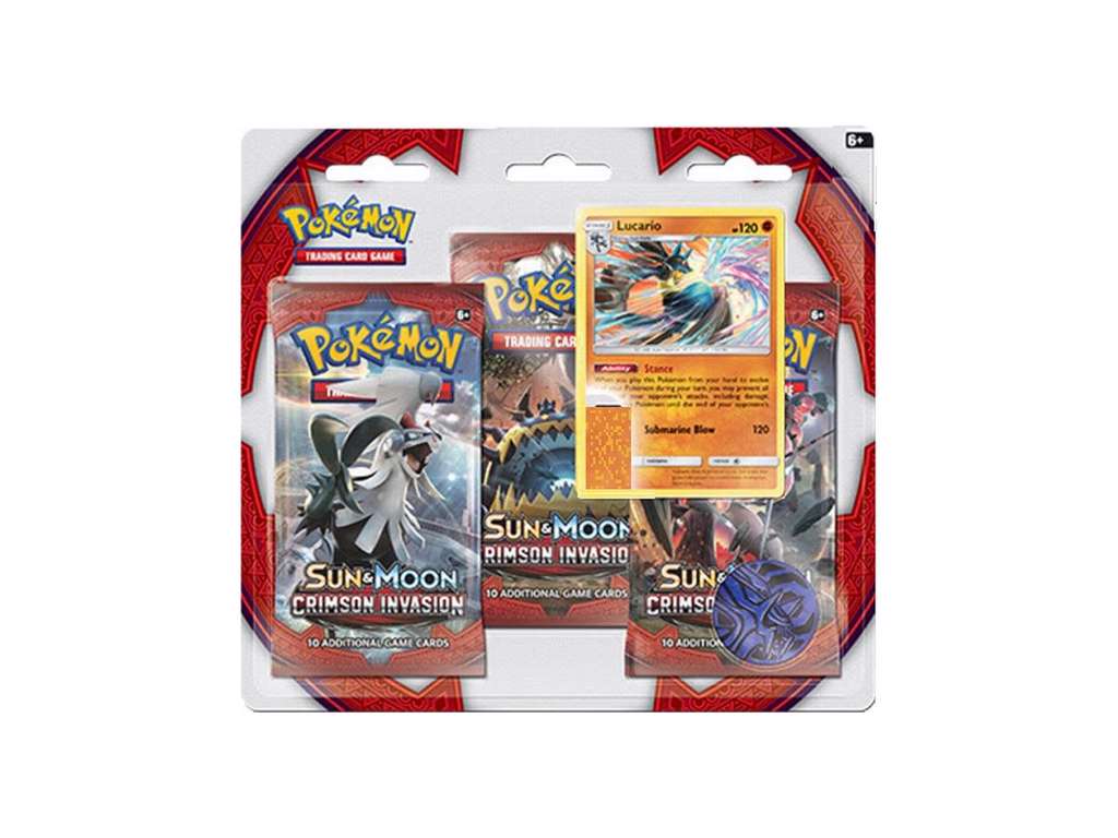 Lucario Pokémon Sun & Moon Crimson Invasion 3 boosterpakker + mønt og glimmerkort