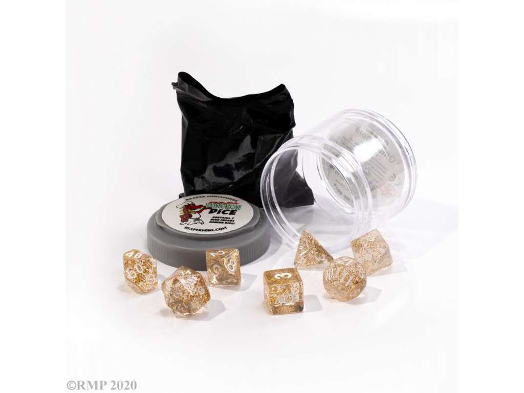 Lucky Dice Glitter Gold - 7 terninger til rollespil + figur
