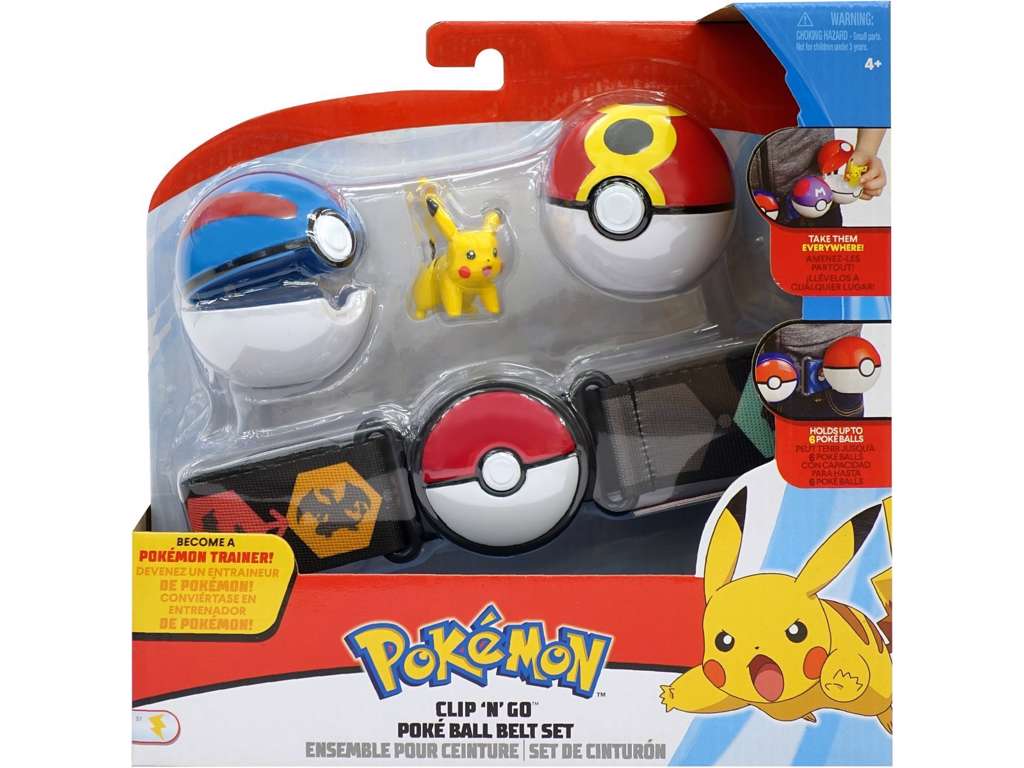 Pokémon bælte med 1 Pikachu figur i kampstilling og 2 Pokéballs