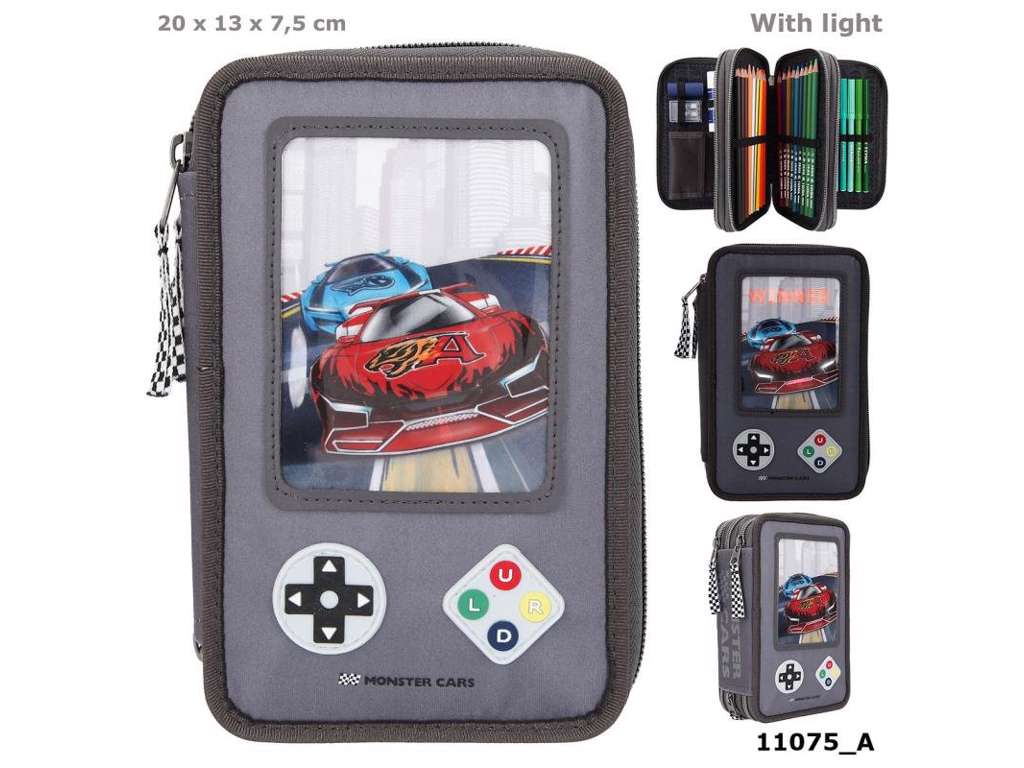 Monster Cars trippel penalhus med LED - gameboy