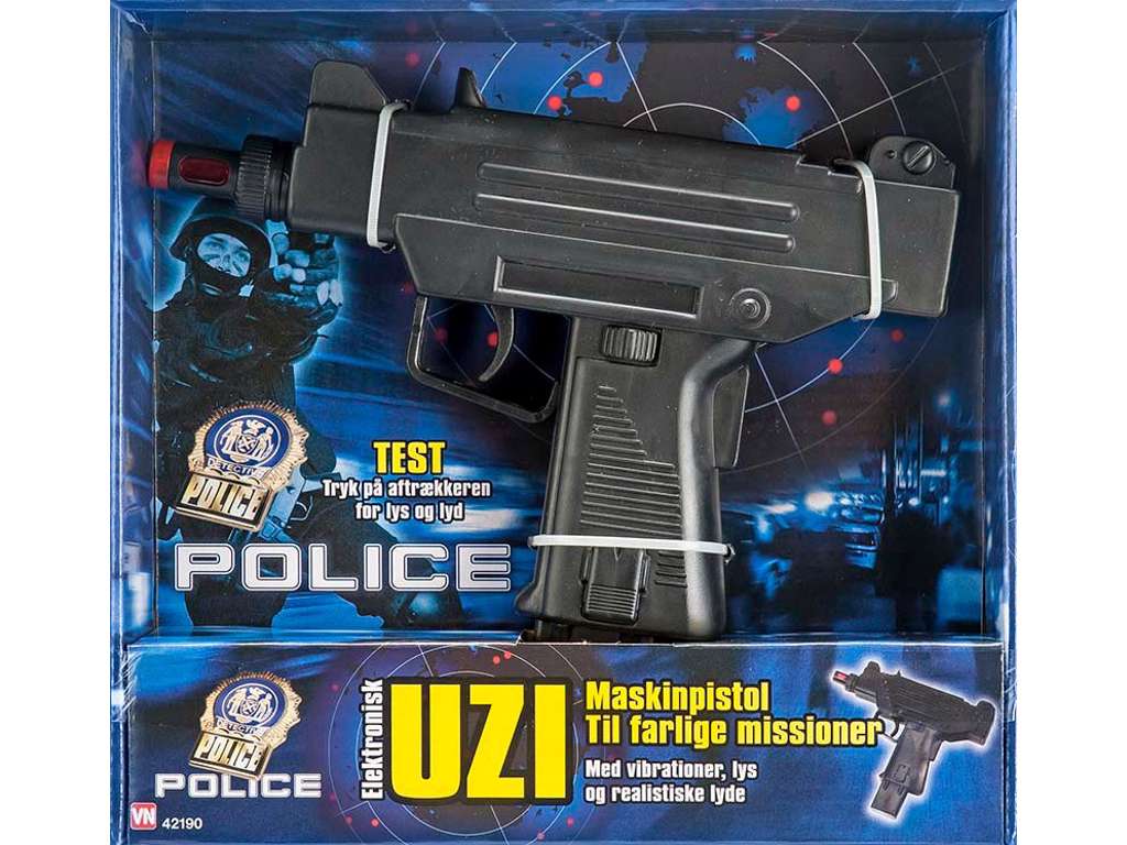 Elektronisk uzi maskinpistol med lyd, lys og vibration fra Gonher