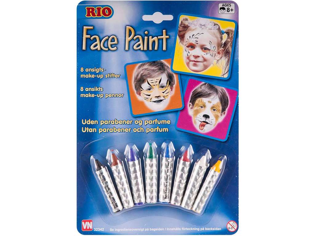 8 stifter med ansigtsmaling fra Rio (Parabene og parfume fri)