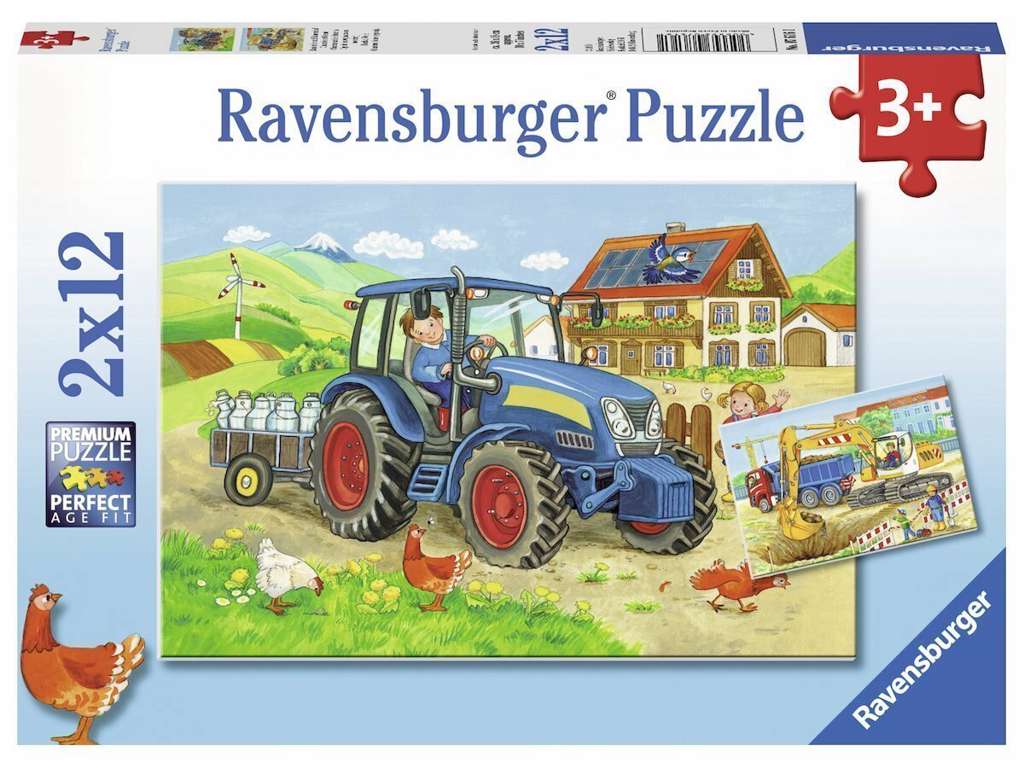 Byggeplads og bondegård puslespil med 2x12 brikker