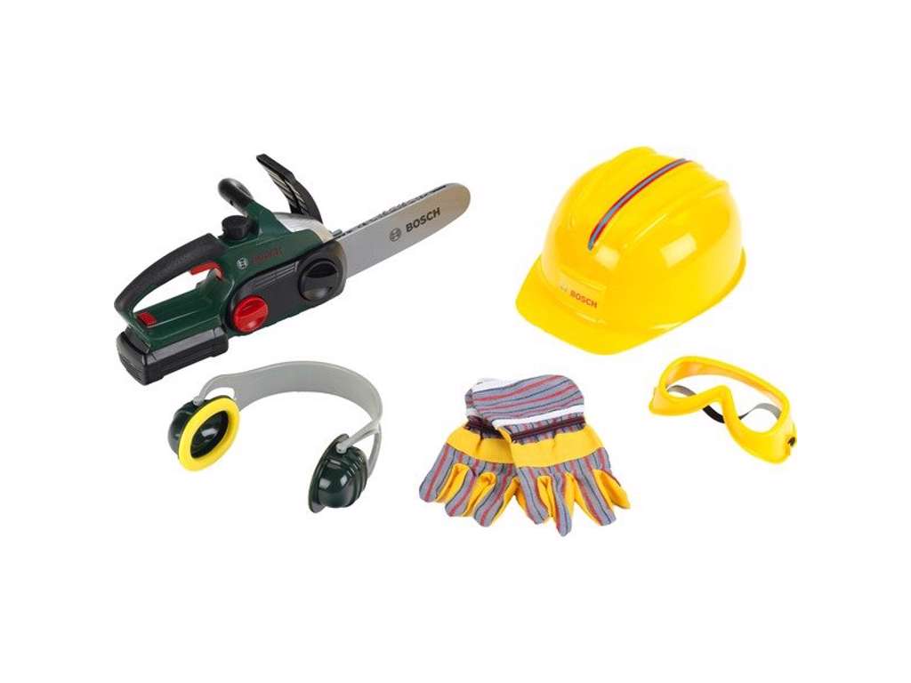 Bosch legetøjskædesav med hjelm, briller og høreværn fra Klein