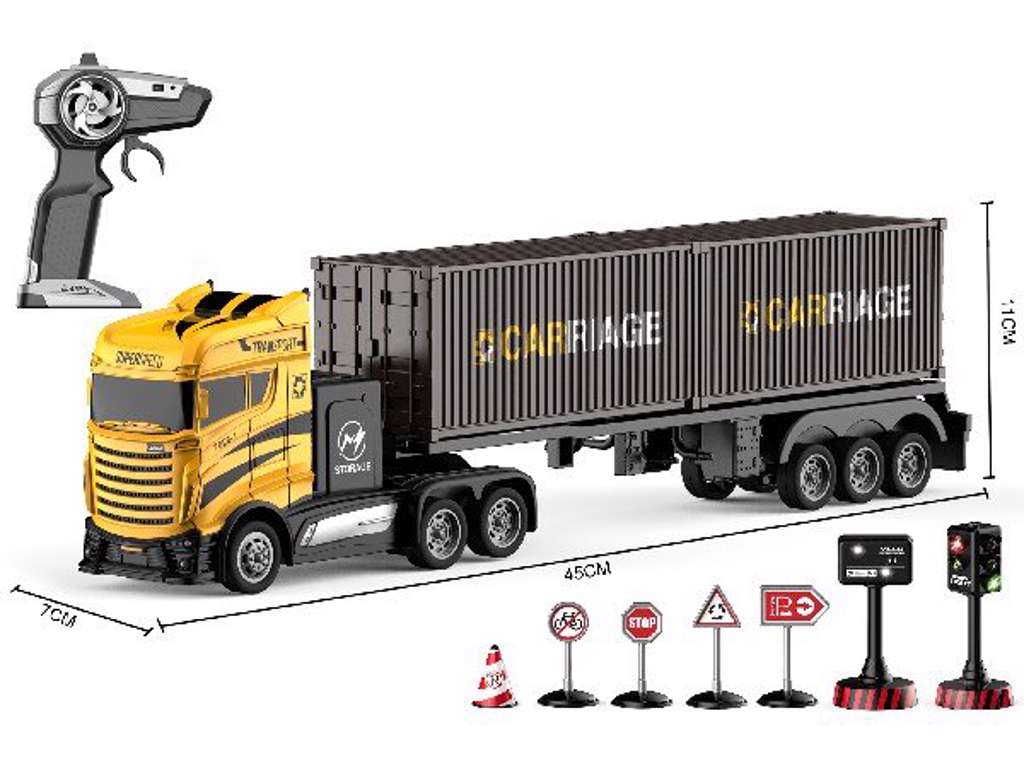 Fjernstyret lastbil med containere og skilte