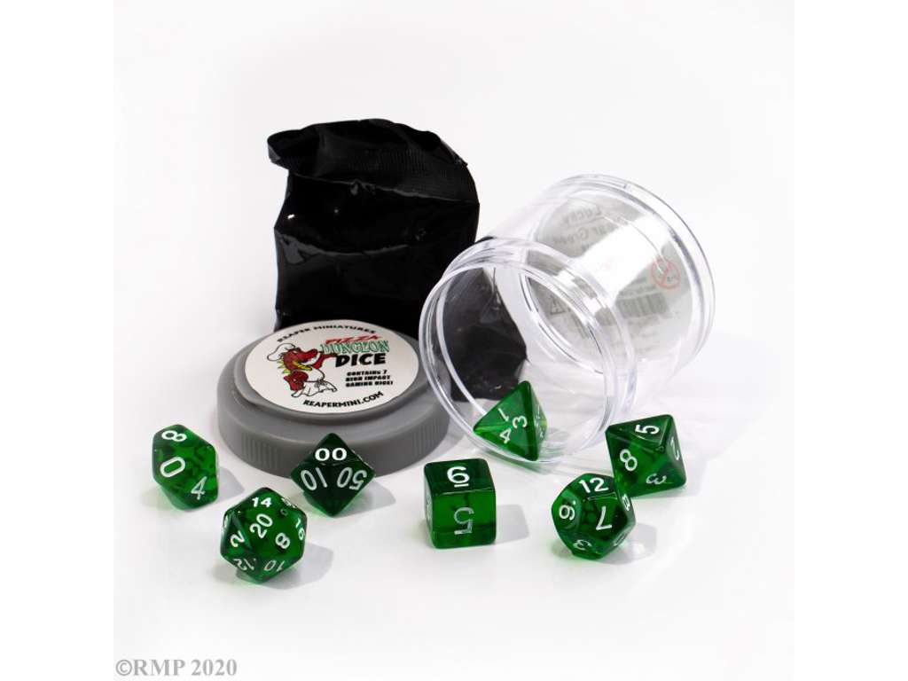 Lucky Dice Clear Green - 7 terninger til rollespil + figur
