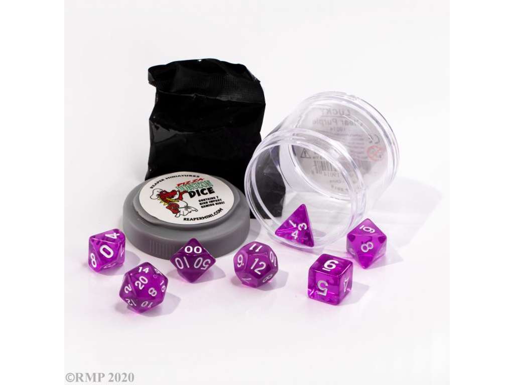 Lucky Dice Clear purple - 7 terninger til rollespil + figur