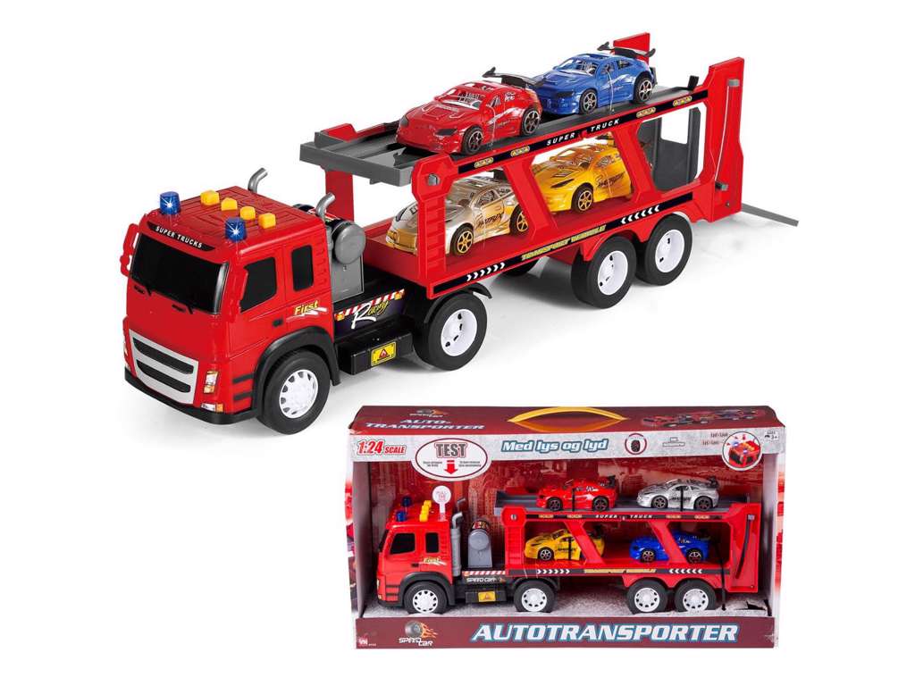 Stor pullback autotransporter med lys og lyd og 4 biler på 45 cm fra Speedcar