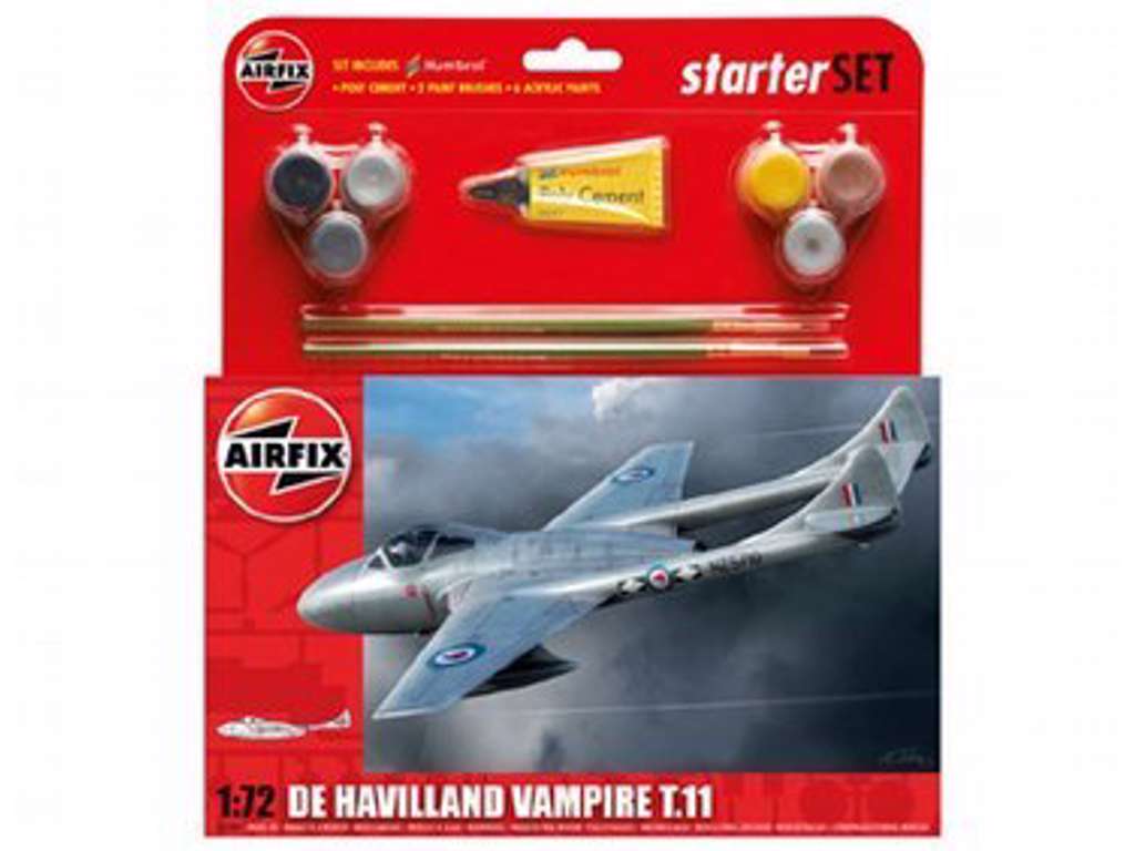 De Havilland Vampire T.11 1:72 Airfix gavesæt med maling pensel og lim.