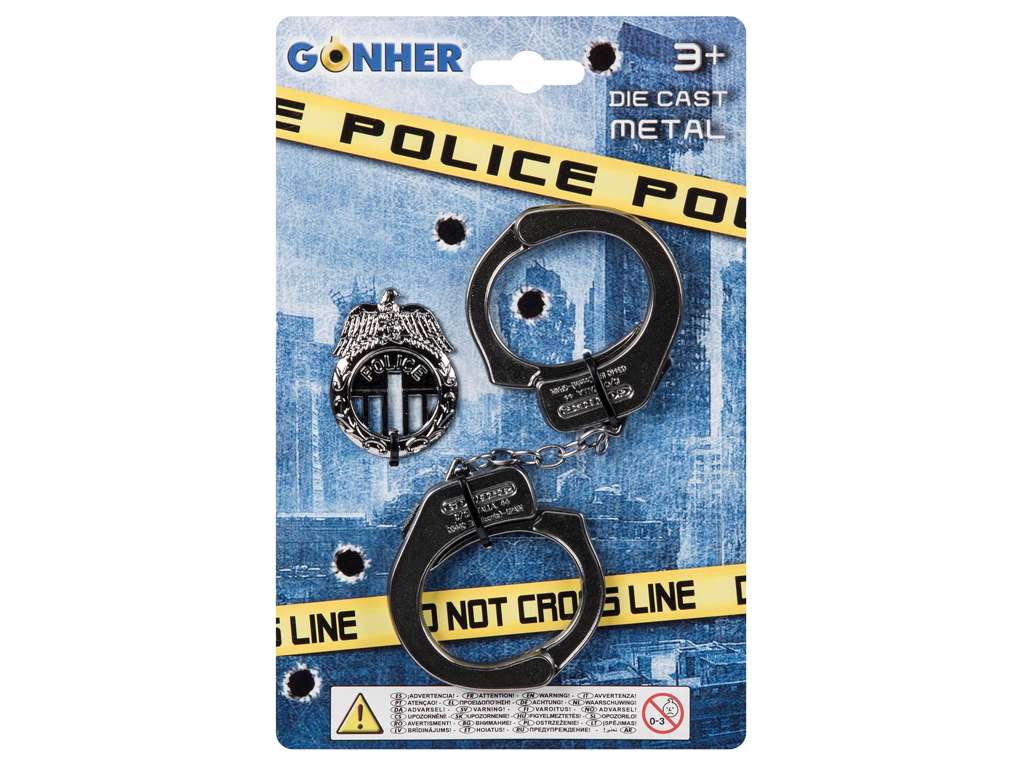 Politi metalhåndjern og politiskilt fra Gonher