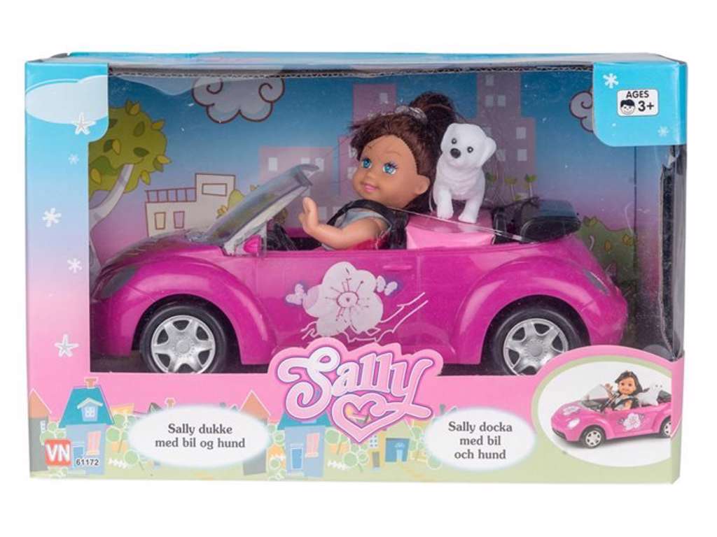 Sally dukke med bil og hund - fashiondukke