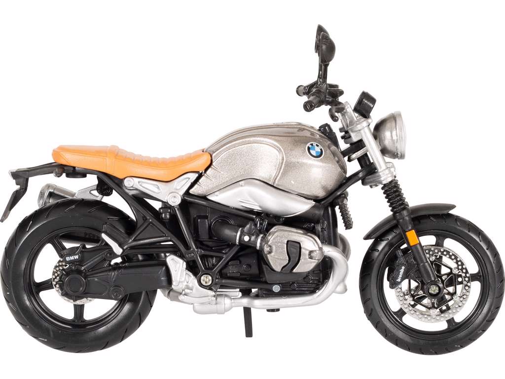 MC BMW R nineT Scrambler 1:12 metallisk grå med støttefod