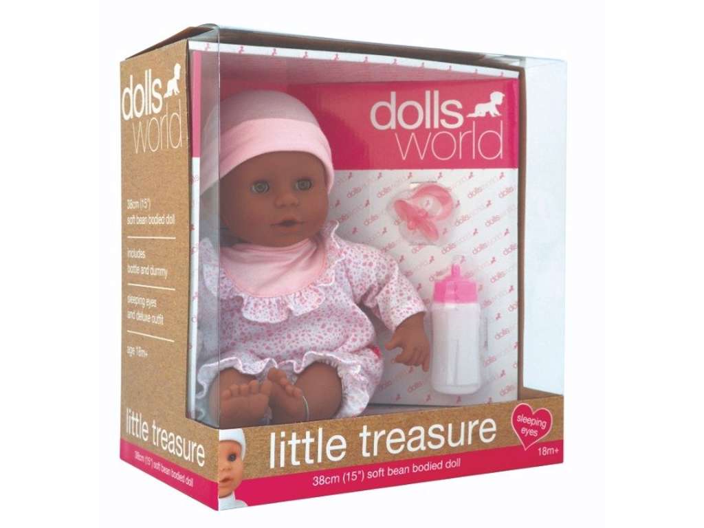 Little Treasure mørk i hvidt og lyserødt tøj på 38 cm fra Dolls World