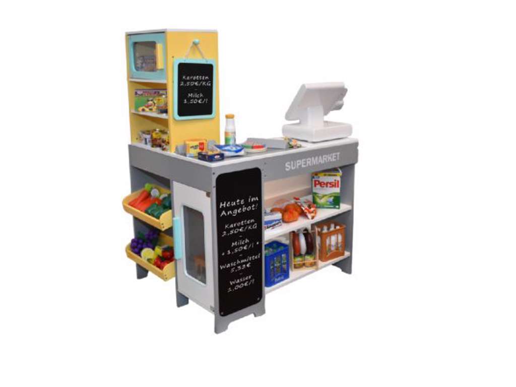 Supermarked i træ incl tavle og 40 varer