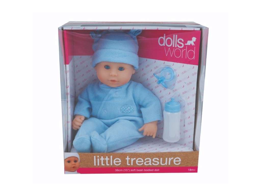 Little Treasure i blåt tøj på 38 cm fra Dolls World