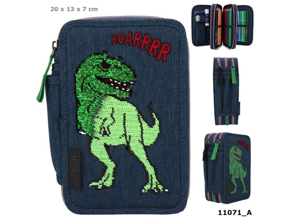 Dino World trippel penalhus med pailletter - grøn