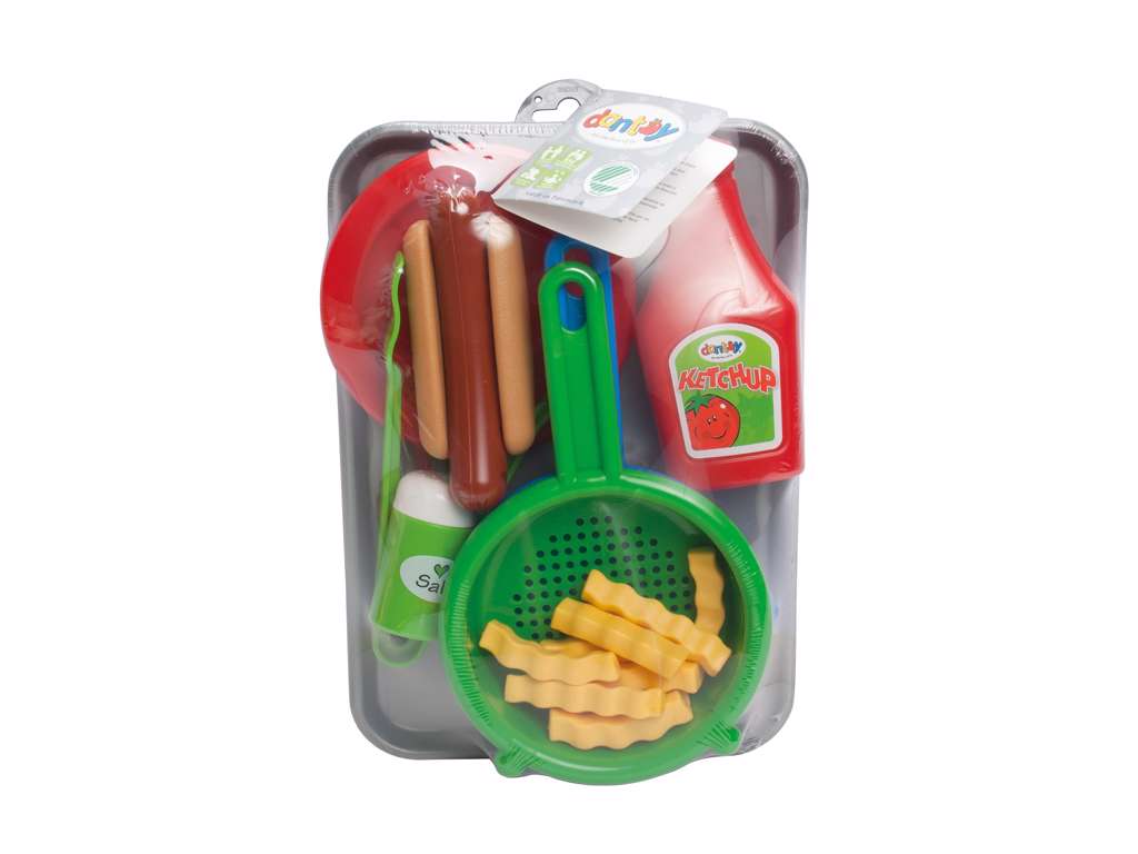 Hotdog og pomfrit sæt på serveringsbakke fra Dantoy