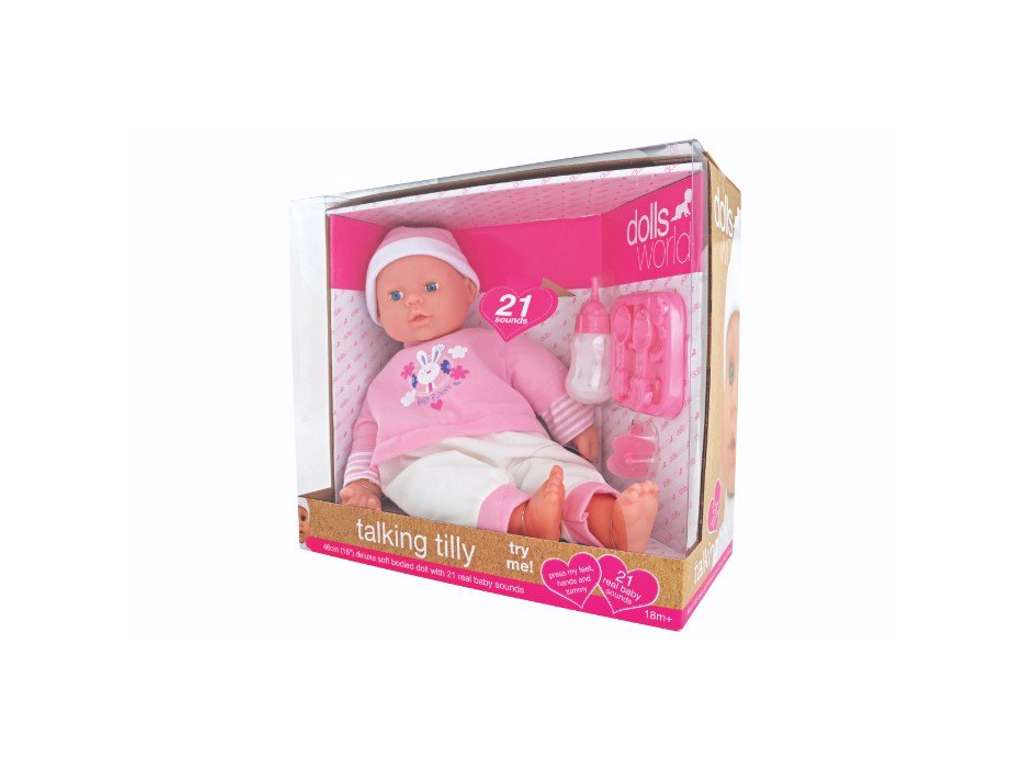 Talende babydukke med 21 lyde sutteflaske, sut og spisesæt på 46 cm fra Dolls World