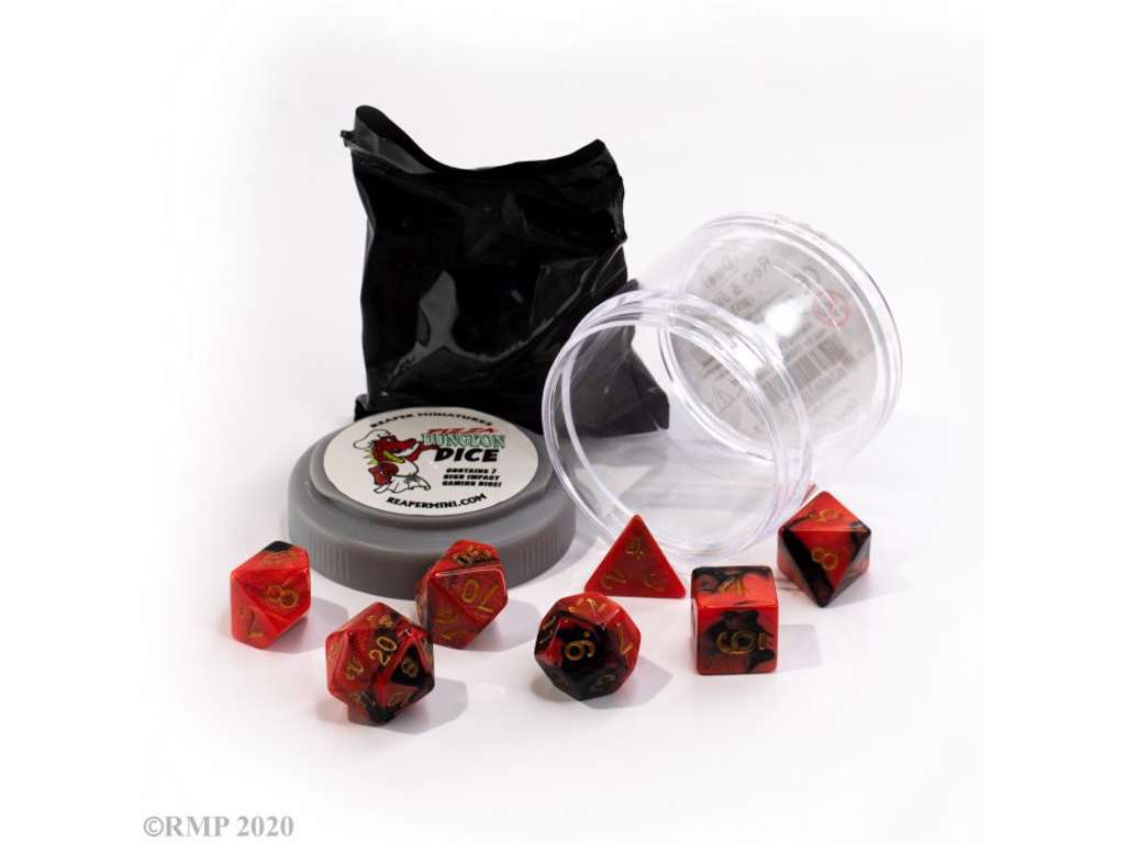 Lucky Dice Red/Black - 7 terninger til rollespil + figur