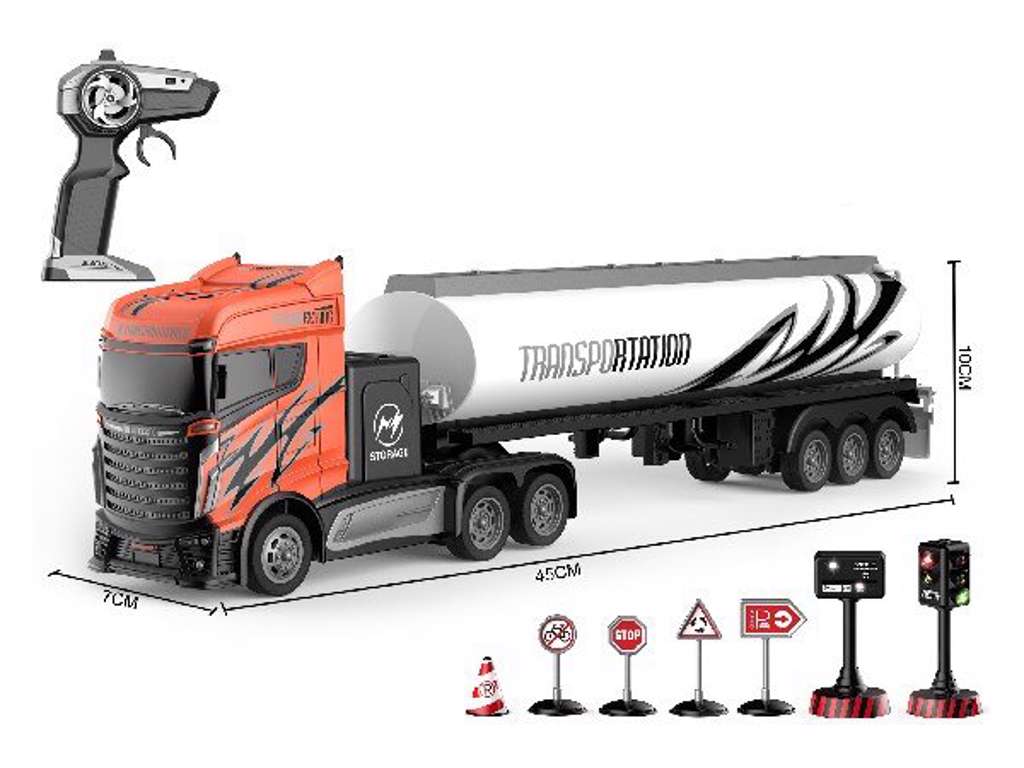 Fjernstyret lastbil med olietank og skilte