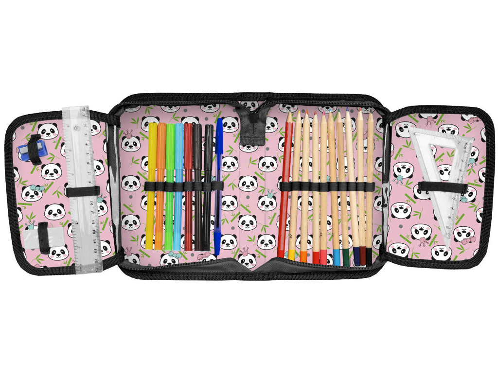 Penalhus m/indhold - Panda PVC med Glitter